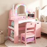INFANS Kids Vanity with Lights, Princess Makeup Desk with Mirror, Jewelry Hanger, Fabric Drawers, Toddler Table and Chair Set Pretend Play for Girls Aged 4-9 (Pink)