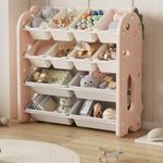 oddpod™ Dino Kids Toy Organizer Storage Racks with Bins, Cute Cartoon Montessori Plastic Bookshelf for Children & Bedroom Shelf for Toys, Books, Clothes & Games - Pink (8+4 Bins)