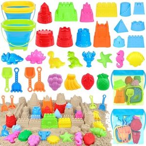 Collapsible Beach Toys Set for Kids Toddlers, Travel Sand Castle Toys for Beach with Mesh Bag & Sand Molds, Collapsible Sand Bucket and Shovel Set for Kids, Sandbox Toys for Toddlers Kids Age 3-12