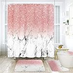 Pink Shower Curtains Sets with Rugs, Marble Bathroom Curtains Set Pink with No Glitter Shiny Toilet Lid Cover Sets with Non-Slip Rug Bath Mat for Bathroom Decor, 72x72 Inch Bath Curtain Waterproof