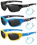 Rocf Rossini Pack of 3 Flexible Kids Sunglasses Polarized Sports Sun Glasses Girls Boys Cricket Shades with Straps UV400 Protection Eyewear for Age 3-10 (Black+Blue/Darkblue+Yellow/Blue)