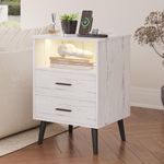 LVSOMT Wood White Nightstand with Charging Station and USB Ports, LED Nightstands with 2 Drawers, Bedside Table with Human Body Induction, Modern Night Stands for Bedroom