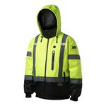 Pioneer Hi Vis Waterproof Heated Safety Bomber Jacket - Class 3 Winter Rain Gear for Men - Reflective Tape - Detachable Hood