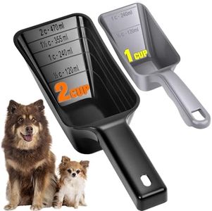 Aosnare 2-Pack Dog Food Scoop Set,1 Cup and 2 Cup Plastic Pet Food Measuring Scoops with Clear Measurement Lines,Multi-Purpose Pet Food Scooper for Dogs, Cats, Birds & More (Grey and Black)