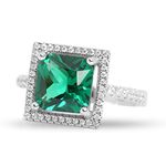 Ornate Jewels 925 Silver Princess Cut Green Emerald and American Diamond Halo Engagement Ring for Women and Girls