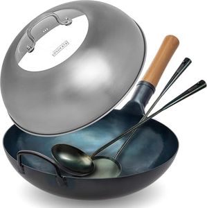 YOSUKATA Carbon Steel Flat Bottom Wok Pan - 13.5" + Wok Lid 12.8 Inch - Cover with Tempered Glass Insert Steam Holes + Blue Carbon Steel 17-inch Spatula, Ladle, 3 pairs Chopsticks