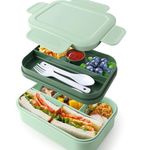 Bento Box Adult Lunch Box, Stackable Lunch Box Containers for Adults Kids 2-Layer 2000 ML Lunch Containers with 3 Cutlery, Food Containers for Work School Picnic,Microwave Safe - Green