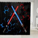 Neon Red Blue Lightsaber Bathroom Curtain Geometric Honeycomb Shower Curtain for Kids Girls Boys Teens Room Decor Fashion Games Waterproof Curtain Black 3D Hexagon Bath Curtain,12 Hooks,72"Wx72"L