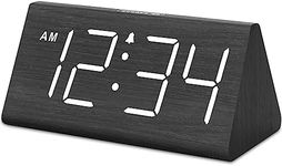 DreamSky Wooden Digital Alarm Clocks for Bedrooms - Electric Desk Clock with Large Numbers, USB Port, Loud Alarm for Heavy Sleepers, Adjustable Volume, Dimmer, Snooze, DST, 12/24H, Wood Décor (Black)