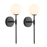 BYOLIIMA Mid Century Modern Wall Lamp 2 Pack with White Globe Glass Shades Matte Black Wall Sconce Bathroom Vanity Lighting Industrial Farmhouse Wall Light Fixtures for Mirror Bedroom Living Room