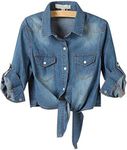 Omoone Women's 3/4 Sleeve Denim Crop Top Tie Knot Shirt Cardigan (Light Blue, XXL)