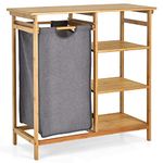 COSTWAY Bamboo Laundry Basket, 2-Section Floor Washing Dirty Clothes Laundry Hamper with Removable Pull-Out Bags & Top Shelf, Bathroom Laundry Bin Sorter Organiser Unit (1 Fabric Bag+3 Tier Shelves)