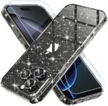 Choiche Compatible for iPhone 16 Pro Case, Women Cute Clear Glitter Bling Sparkly Case, [3 x Diamond Camera Lens Protectors] [2 x Tempered Glass Screen Protectors] 6.3-inch (Glitter Black)