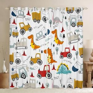 Construction Curtains for Bedroom Kids Cartoon Dinosaur Blackout Curtains Equipment Trucks Darkening Dreapes Construction Vehicles Kawaii Jungle Dino Window Treatments (2 Panels, 52 x 96 Inch)