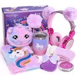 Unicorn Gifts for Girls 6 7 8 9 10 11 12 Years Old with 3.5mm Wired Headphones Locked Notebook Plush Bag Purse Socks Mirror Water Bottle Kids Unicorn Toys Christmas Birthday Gift for Teen Age 6+