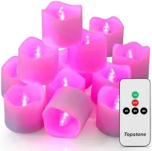 Topstone Remote Control Flameless LED Votive Candles with Timer, CR2450 Battery Powered, Electric Tea Lights for Seasonal and Festival Decoration, Pink Light, 12 pcs