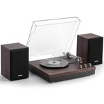 Record Player, 3 Speed Turntable with Two 15W External Speakers, Bluetooth Input, Aux-in, USB Playback& LP-MP3 Recording, Vintage Vinyl Player, Dark Brown Wood