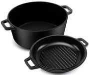 KICHLY 4.7L/5.0 Quart Pre Seasoned Cast Iron Pan - Dutch Oven with Lid - Dual Function Cast Iron Griddle Pan - 10.6 Inch (27 cm) - Cast Iron Pot with lid - Cast Iron Casserole Dish with Lid