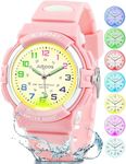 Juboos Kids Watch Analog with 7 Colorful Night Lights Boys Girls Waterproof Soft Strap Kids Time Teaching Quartz Wristwatch for Ages 5-18 (Pink)