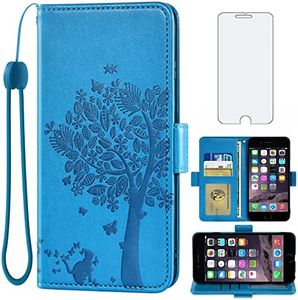 Asuwish Compatible with iPhone 6 6s Wallet Case and Tempered Glass Screen Protector Flip Card Holder Cell Phone Cover for iPhone6 Six i6 S iPhone6s iPhine6s iPhones6s i Phone6s Phone6 6a S6 Men Blue