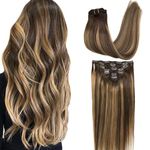 GOO GOO Clip in Hair Extensions Real Human Hair, 14inch 120g 7Pcs, #4/27/4 Balayage Chocolate Brown to Caramel Blonde, Remy Human Hair Extensions Clip ins for Women, Natural Human Hair