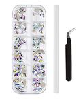 D.B.Z.® Multi Shapes Glass Crystal AB Rhinestones For Nail Art Craft, Mix 12 Style FlatBack Crystals 3D Decorations with Tweezers and Picking Rhinestones Pen