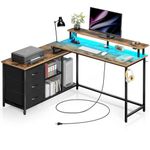 Seventable Computer Desk with Power Outlet & LED Light, 43.3" Reversible L Shaped Desk with 3 Drawers,Writing Desk with Printer Cabinet and Monitor Shelf,Rustic Brown