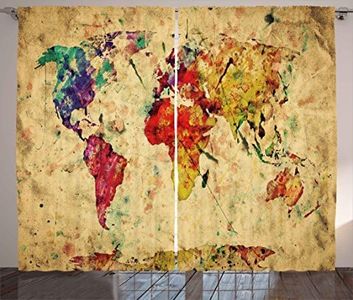 Ambesonne Retro Curtains, Vintage World Map on Grunge Backdrop with Colored Continents Atlas Chart Image, Living Room Bedroom Window Drapes 2 Panel Set, 108" X 90", Pastel Brown