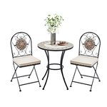 Warmiehomy Bistro Set Mosaic Table and Chairs Garden Dining Table 2 Folding Chairs with Cushion Outdoor Coffee Table and Metal Chair Seat for Balcony, Patio,Cafe