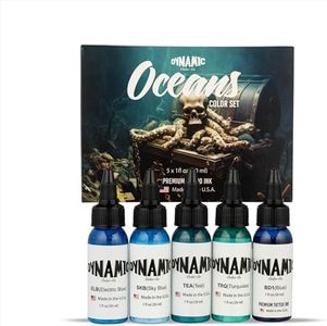 Dynamic Color Co - Oceans Tattoo Ink Color Set, 1oz Bottles Include Electric Blue, Sky Blue, Teal, Turquoise and Blue, Made in USA, Sterilized