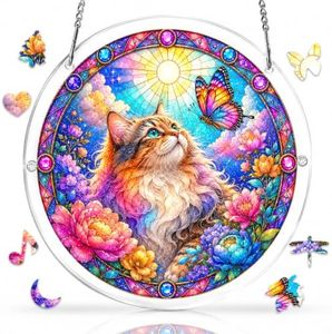 Jollitot Acrylic Puzzle for Adults, Stained Glass Style Cat-a Acrylic Jigsaw Puzzle Suncatcher with Irregular Pieces, Window Hanging Sun Catcher, Art Home Decor Gift for Women Mom 11.4in