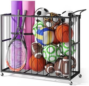 Homsorout Ball Storage Bin Rolling Sports Ball Cart, Metal Garage Organizer Sport Rack, Ball Basket Storage, Ball Cage for Garage or Gym, Indoor & Outdoor Sports Equipment Organizer（Black）
