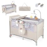 GYMAX 5 in 1 Folding Travel Cot, Portable Baby Bed Playard with Diaper Changer, Music Box, Mattress, Safety Strap, Side Zipper Entrance, Infant Bassinet Nursery Center for Newborn (Beige)