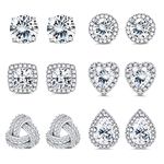 JeryWe 6 Pairs Stud Earrings Set for Women Girls Stainless Steel Cubic Zirconia Earrings Faux Diamond Halo Square Teardrop Heart CZ Piercing Earrings for Brides Bridesmaids Wedding