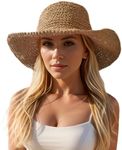 Womens Sun Hats Wide Brim Summer Beach Hat for Women Foldable Travel Fedora Handmade Crochet Straw Hat Packable UPF50+, Khaki