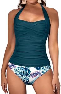 Eomenie Womens Halter Tankini Bathing Suit Ruched Tummy Control Two Piece Swimsuit with Bottom, Blue Print, Small