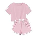 OFIMAN Kids Girls Short Sleeve T-shirt Crop Tops and Shorts Set Summer Tracksuit Sport Clothing Sets(Pink, 12-14Years)