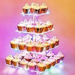 Cupcake Stand, 4 Tier Cupcake Tower Holder with Colorful Light, Squre Pastry Display Stand,Clear Acrylic Cake Dessert Stand, Serving Platter for Party Décor Wedding Birthday