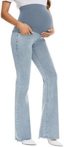 GLAMIX Women's Stretch Maternity Bootcut Jeans with Pockets Over The Belly Bell Bottoms Flare Denim Pants Pregnancy Clothes, Light Blue, Small