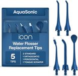 AquaSonic Icon Water Flosser Replacement Tips – 5 Tips, 4 Tip Types: Standard, Periodontal, Orthodontic & Tongue Scraper - Genuine, Authentic Parts (Navy)