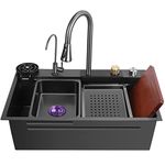 Kitchen Sink,New Stainless Steel Waterfall Sink,Drop In Single Bowl Workstation Sink,With Cup Washer Sinks (Color : Black, Size : 75x46cm)