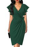 oten Women's Sexy V Neck Work Bodycon Dress Ruffle Sleeves Tie Belt Knee Length Party Dresses with Tulip Hem Dark Green Large