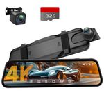 4K Rear View Mirror Camera, 10'' Mirror Dash Cam with 1080P Rear Camera, Dash Cam Front and Rear for Car with Voice Control, 24H Parking Mode, Night Vision, Free 32GB Card