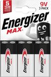Energizer Max - 9V Battery (3 Pack) - Nine Volt Alkaline Block Batteries - Reliable Power for Fire Alarms, Smoke Detectors, Radios, Toys - 100% Recyclable Plastic Free Packaging - 5 Year Shelf Life