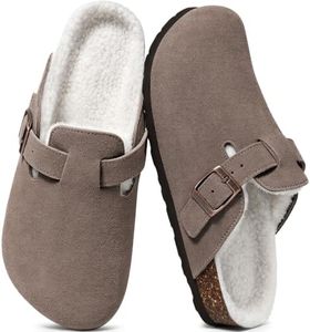 KIDMI Women's Fur Lined Suede Clogs Fuzzy Cork Footbed Mules Slip On Winter Potato Shoes, Mocha 45 (Size 13)