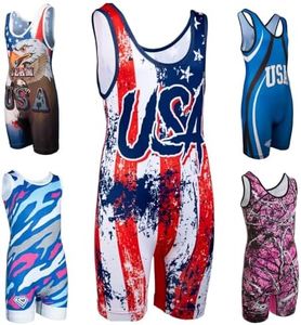 KO Sports Gear - USA Unisex Wrestling Singlet, Comfortable & Breathable, 4 Way Stretch, Gymnastics, Running, Weightlifting, Usa Flag, Youth L 60–75 lbs (27.2–34.0 kg)