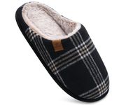 COFACE Mens Black Flano Plaid Memory Foam Mule Slippers Slip On Warm Fluff House Indoor/Outdoor Shoes With Anti-skid Sole Size 11