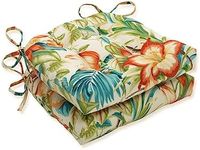 Pillow Perfect Tropic Floral Indoor/Outdoor Chairpad with Ties, Reversible, Tufted, Weather, and Fade Resistant, 15.5" x 16", Blue/Green Botanical Glow, 2 Count