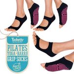 Tucketts 3 Pack Toeless Pilates Socks, Non Slip Grips, Barefoot Feel, S/M, Size 6-9 - Black - 3 Pairs