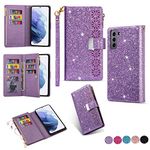 Samsung S22 5g Case Wallet,Glitter Carving Zipper Handbag with 9 Card Slots & Wrist Strap,Stand Flip Protective Cover for Women Magnetic Phone Case for Samsung Galaxy S22 5G (Purple)